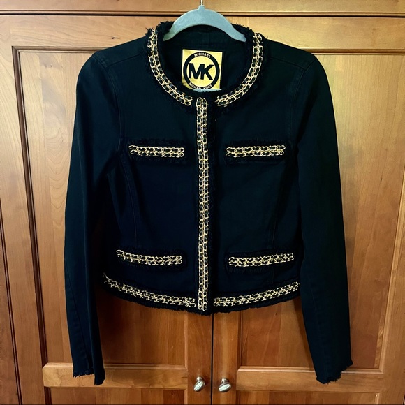 Michael Kors Jackets & Blazers - Michael Kors Black Denim & Gold Tone Woven Chain Trimmed Jacket